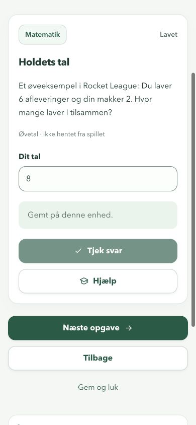 Screenshot of a Game Training activity with space to answer. The test app is in Danish.